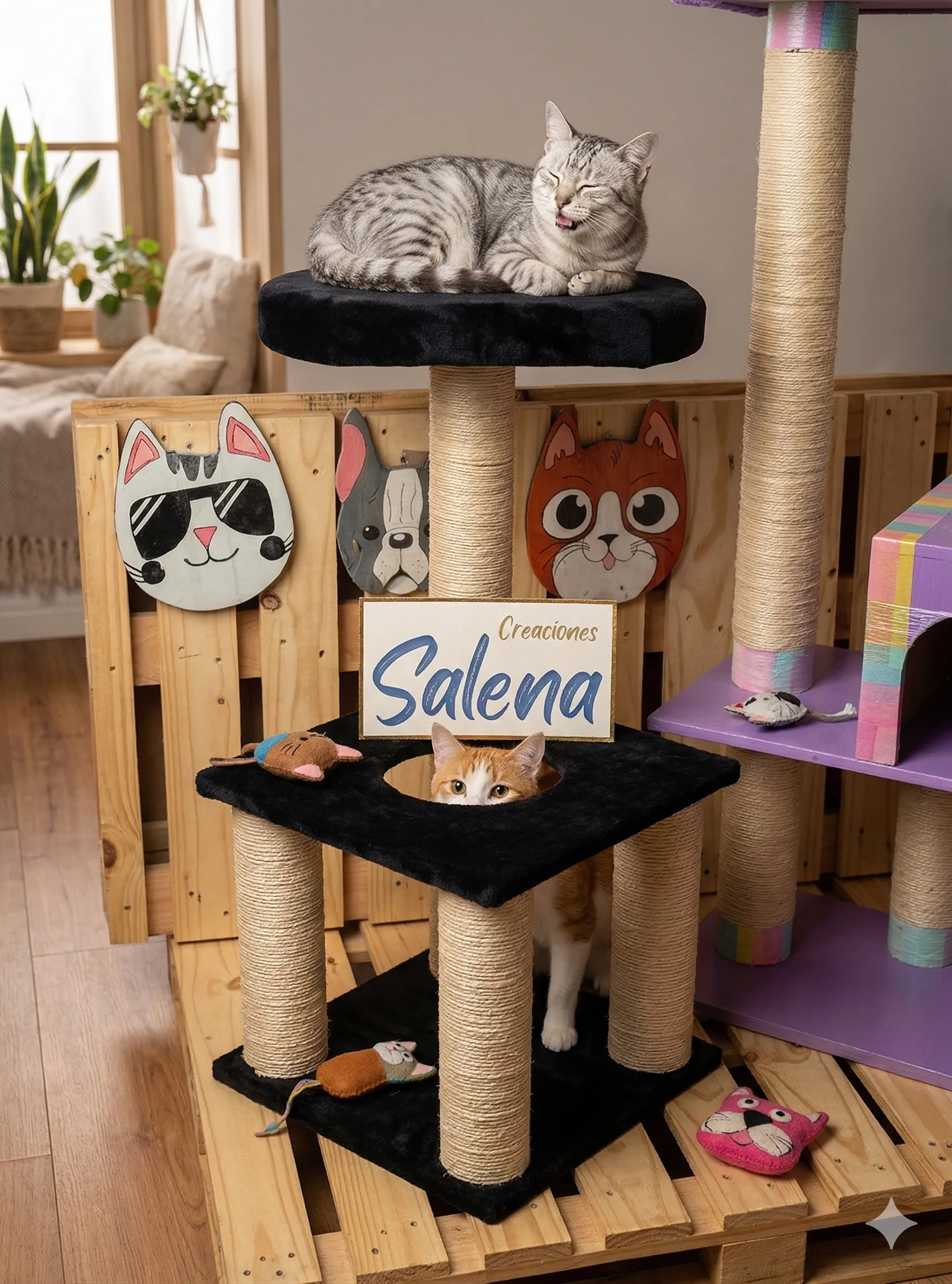 Gimnasio de madera para gatos hecho a mano por Salena en Cali